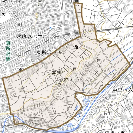 大字本郷とその周辺の地図。町の範囲を重ねている