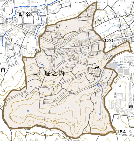 堀之内とその周辺の地図。町の範囲を重ねている