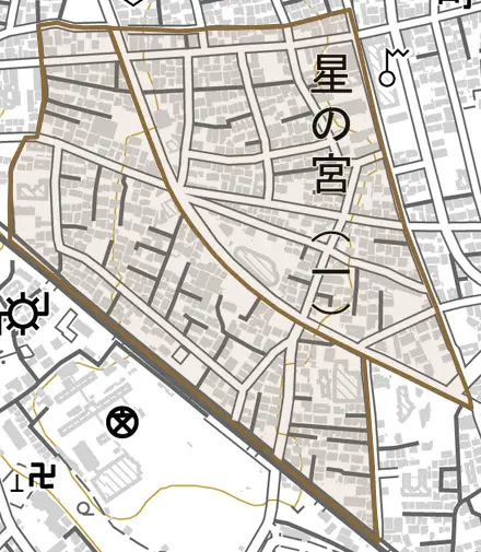 星の宮とその周辺の地図。町の範囲を重ねている