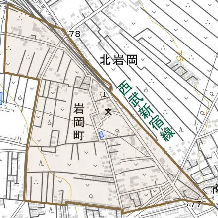 岩岡町とその周辺の地図。町の範囲を重ねている