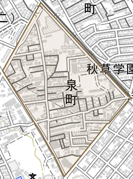 泉町とその周辺の地図。町の範囲を重ねている