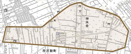 大字神米金とその周辺の地図。町の範囲を重ねている