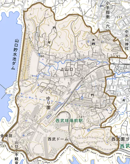 大字上山口とその周辺の地図。町の範囲を重ねている