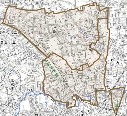 大字上安松とその周辺の地図。町の範囲を重ねている