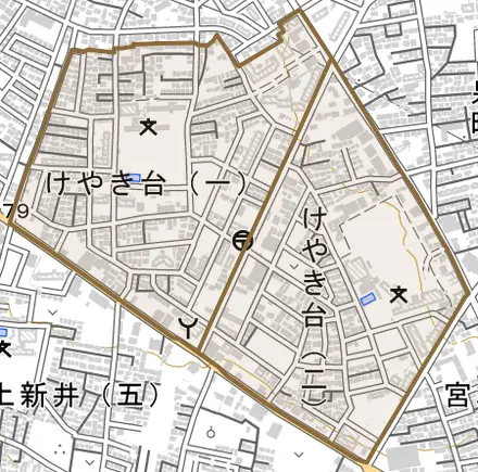 けやき台とその周辺の地図。町の範囲を重ねている