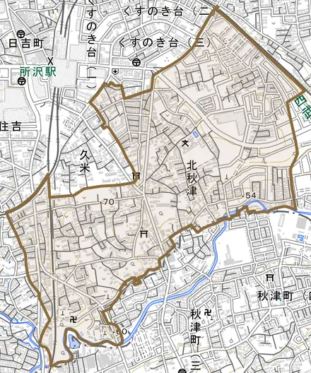 大字北秋津とその周辺の地図。町の範囲を重ねている