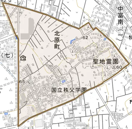 北原町とその周辺の地図。町の範囲を重ねている