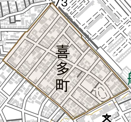 喜多町とその周辺の地図。町の範囲を重ねている