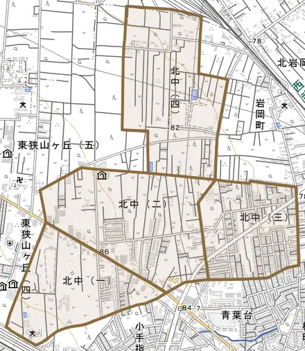北中とその周辺の地図。町の範囲を重ねている