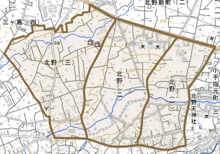 北野とその周辺の地図。町の範囲を重ねている