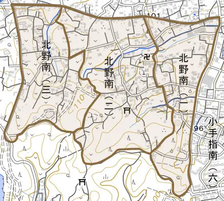 北野南とその周辺の地図。町の範囲を重ねている