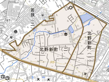 北野新町とその周辺の地図。町の範囲を重ねている