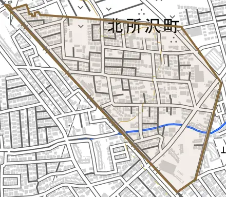北所沢町とその周辺の地図。町の範囲を重ねている