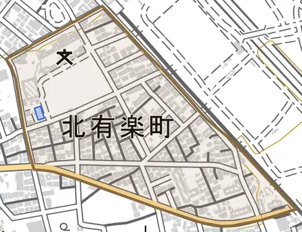 北有楽町とその周辺の地図。町の範囲を重ねている
