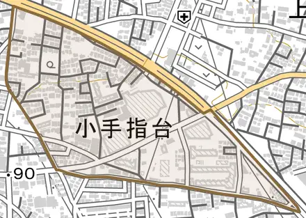 小手指台とその周辺の地図。町の範囲を重ねている