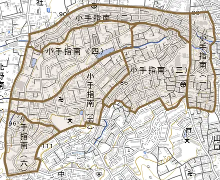 小手指南とその周辺の地図。町の範囲を重ねている