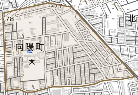 向陽町とその周辺の地図。町の範囲を重ねている