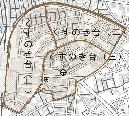 くすのき台とその周辺の地図。町の範囲を重ねている