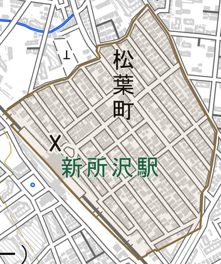 松葉町とその周辺の地図。町の範囲を重ねている