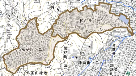 松が丘とその周辺の地図。町の範囲を重ねている