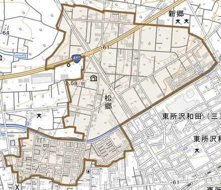 大字松郷とその周辺の地図。町の範囲を重ねている