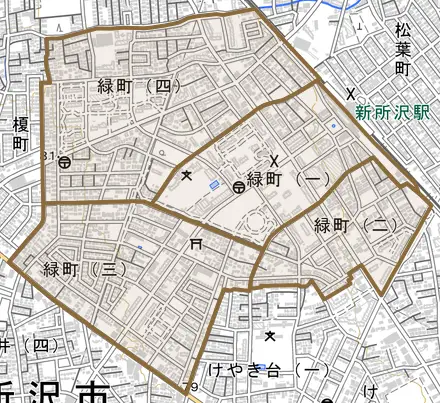 緑町とその周辺の地図。町の範囲を重ねている
