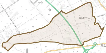 大字南永井とその周辺の地図。町の範囲を重ねている