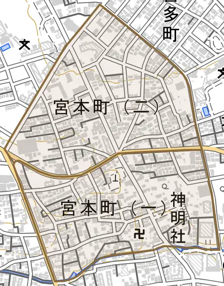 宮本町とその周辺の地図。町の範囲を重ねている