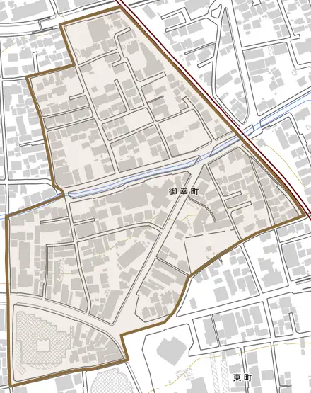 御幸町とその周辺の地図。町の範囲を重ねている