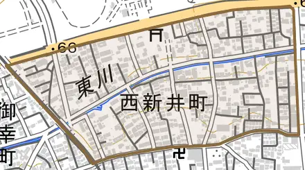 西新井町とその周辺の地図。町の範囲を重ねている