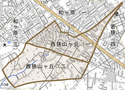 西狭山ケ丘とその周辺の地図。町の範囲を重ねている