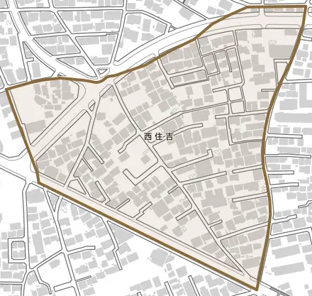 西住吉とその周辺の地図。町の範囲を重ねている