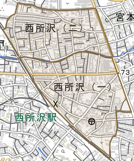 西所沢とその周辺の地図。町の範囲を重ねている