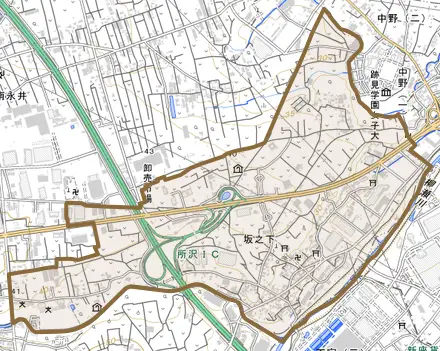 大字坂之下とその周辺の地図。町の範囲を重ねている