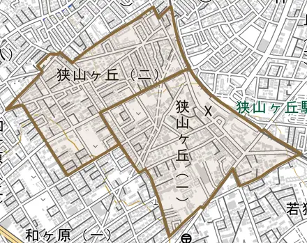 狭山ケ丘とその周辺の地図。町の範囲を重ねている