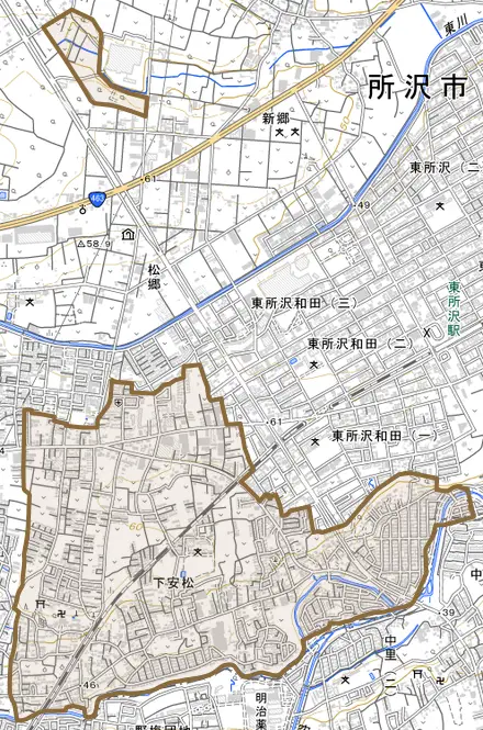 大字下安松とその周辺の地図。町の範囲を重ねている