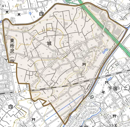 大字城とその周辺の地図。町の範囲を重ねている