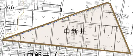 大字中新井とその周辺の地図。町の範囲を重ねている