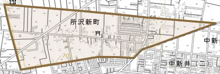 所沢新町とその周辺の地図。町の範囲を重ねている