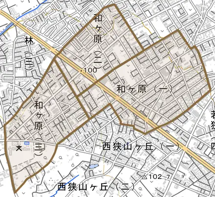 和ケ原とその周辺の地図。町の範囲を重ねている