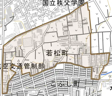 若松町とその周辺の地図。町の範囲を重ねている