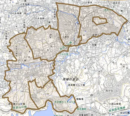 大字山口とその周辺の地図。町の範囲を重ねている
