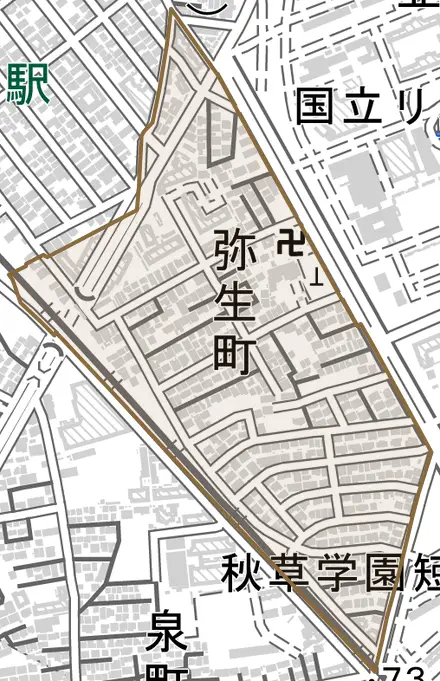 弥生町とその周辺の地図。町の範囲を重ねている