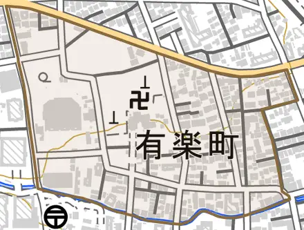 有楽町とその周辺の地図。町の範囲を重ねている