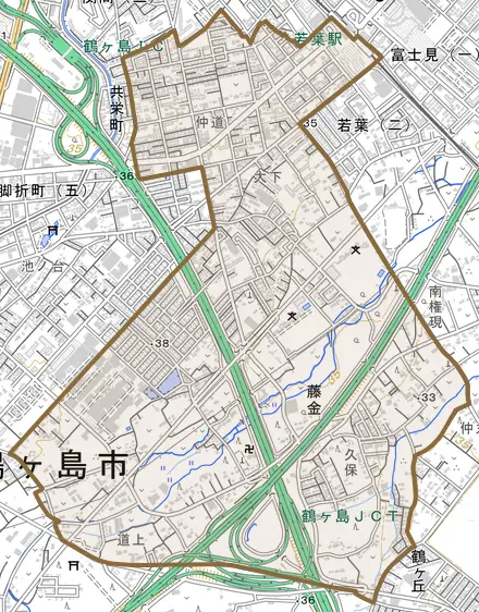 大字藤金とその周辺の地図。町の範囲を重ねている