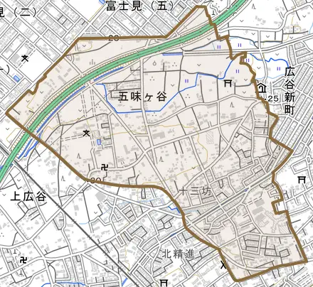 大字五味ヶ谷とその周辺の地図。町の範囲を重ねている