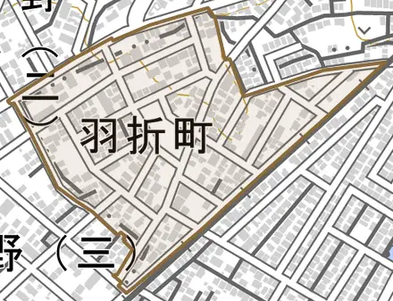 羽折町とその周辺の地図。町の範囲を重ねている