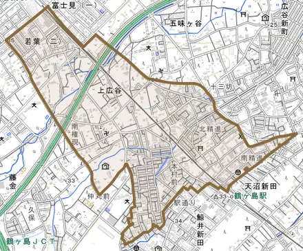 大字上広谷とその周辺の地図。町の範囲を重ねている