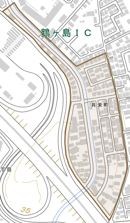 共栄町とその周辺の地図。町の範囲を重ねている