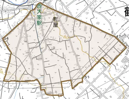 大字町屋とその周辺の地図。町の範囲を重ねている